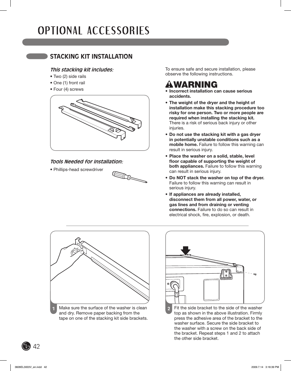 Wwarning, Stacking kit installation | LG DLGX2502V User Manual | Page 42 / 132