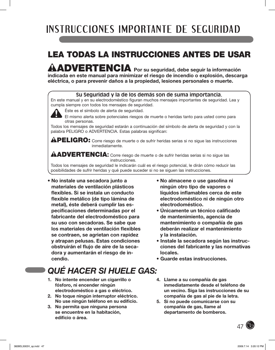 Lea todas la instrucciones antes de usar, Qué hacer si huele gas, Wpeligro | Wadvertencia | LG DLGX2502V User Manual | Page 47 / 132