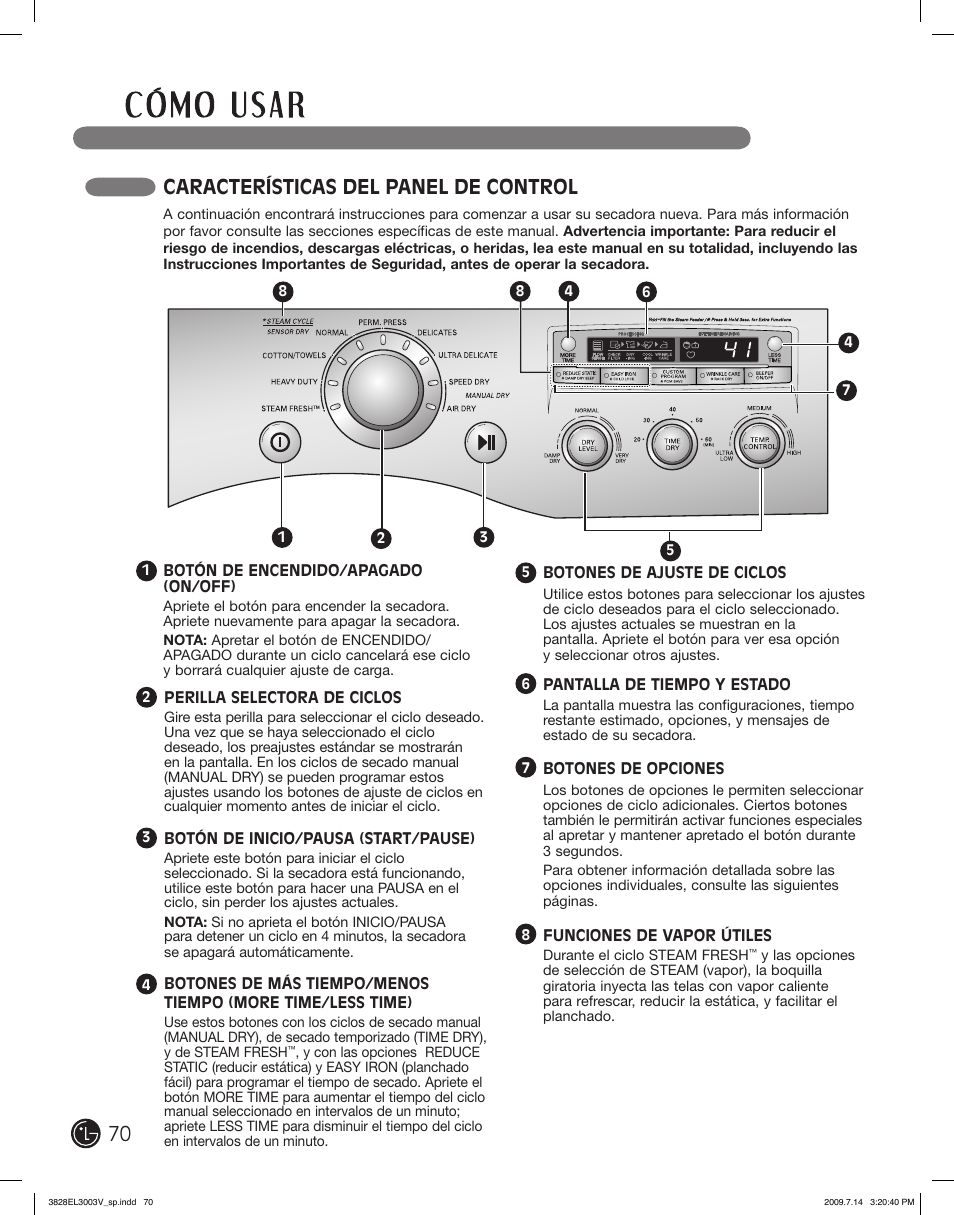 Características del panel de control | LG DLGX2502V User Manual | Page 70 / 132