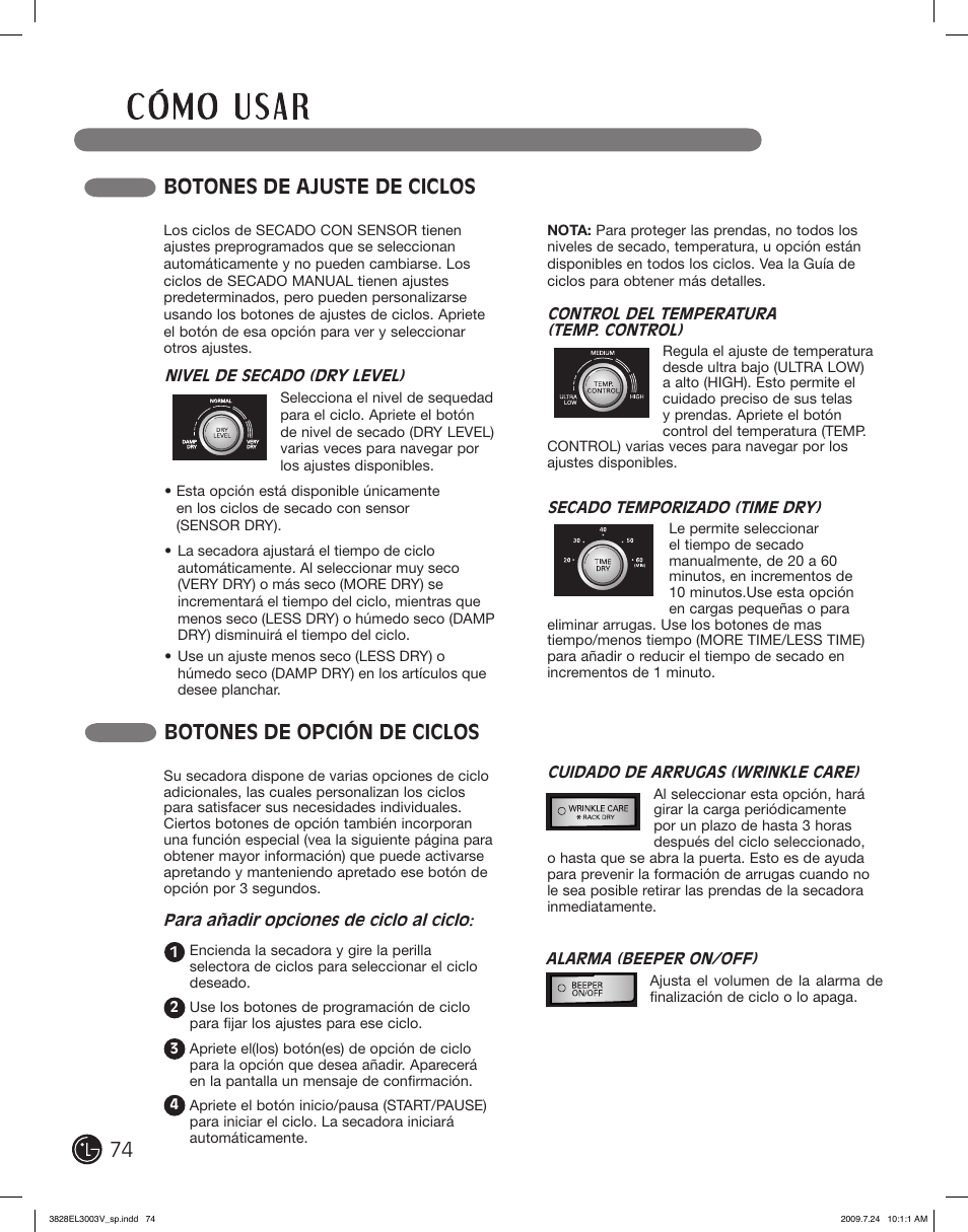 Botones de ajuste de ciclos, Botones de opción de ciclos | LG DLGX2502V User Manual | Page 74 / 132
