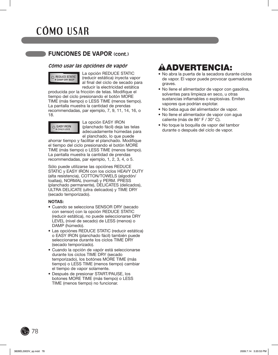 Wadvertencia, Funciones de vapor | LG DLGX2502V User Manual | Page 78 / 132
