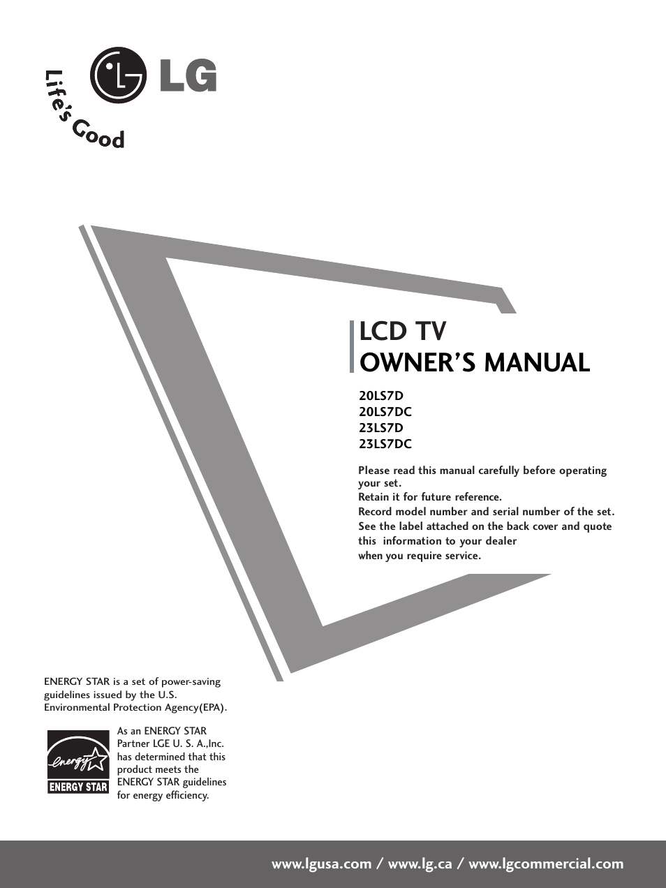 LG 20LS7D User Manual | 74 pages