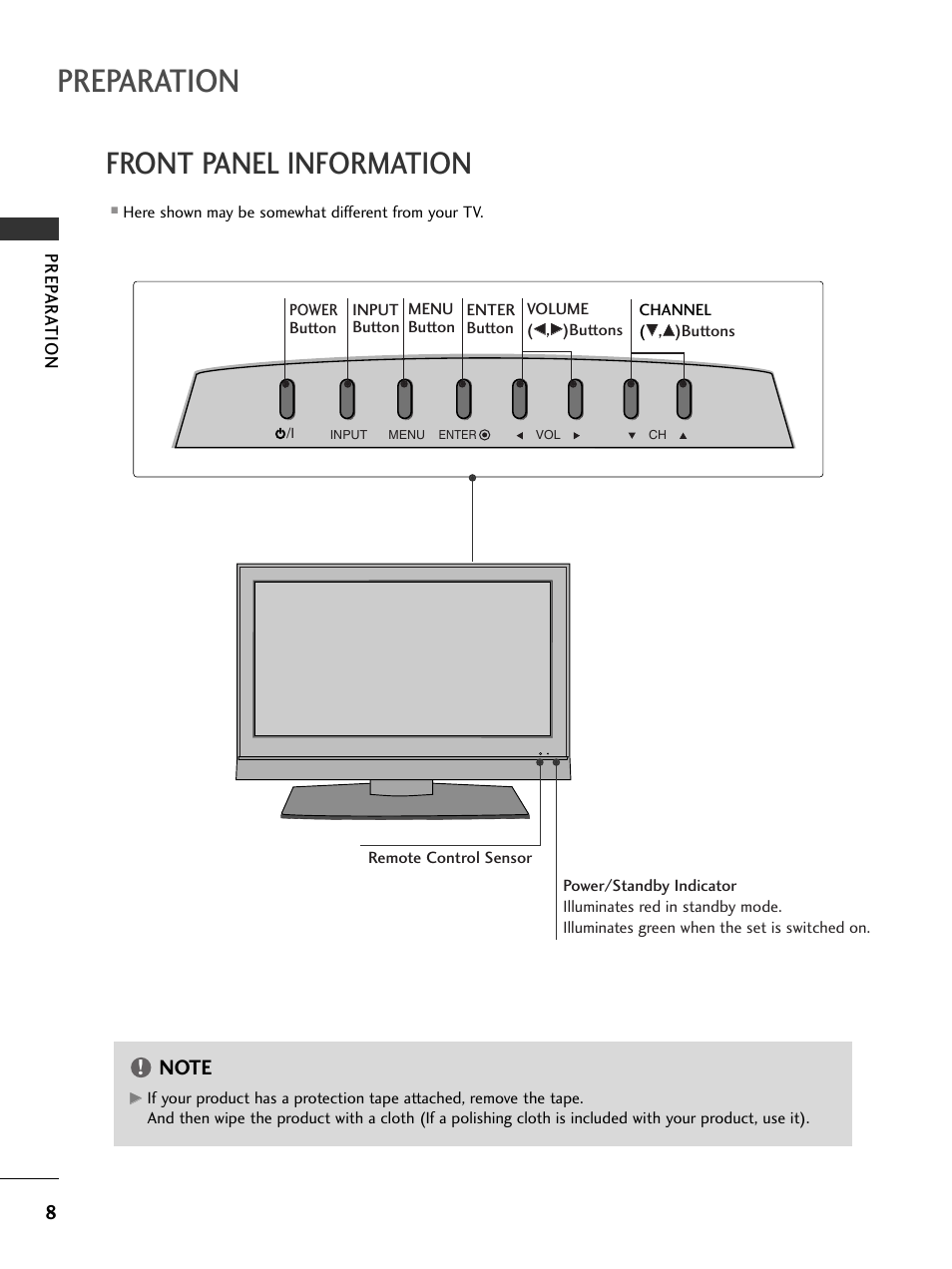 Front panel information, Preparation | LG 20LS7D User Manual | Page 10 / 74