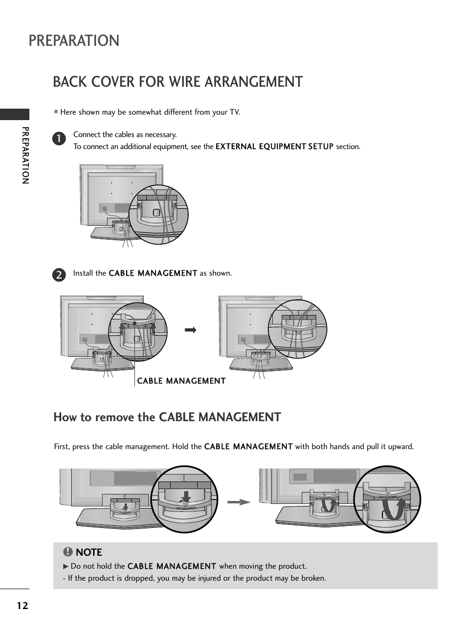 Back cover for wire arrangement, Preparation, How to remove the cable management | LG 20LS7D User Manual | Page 14 / 74
