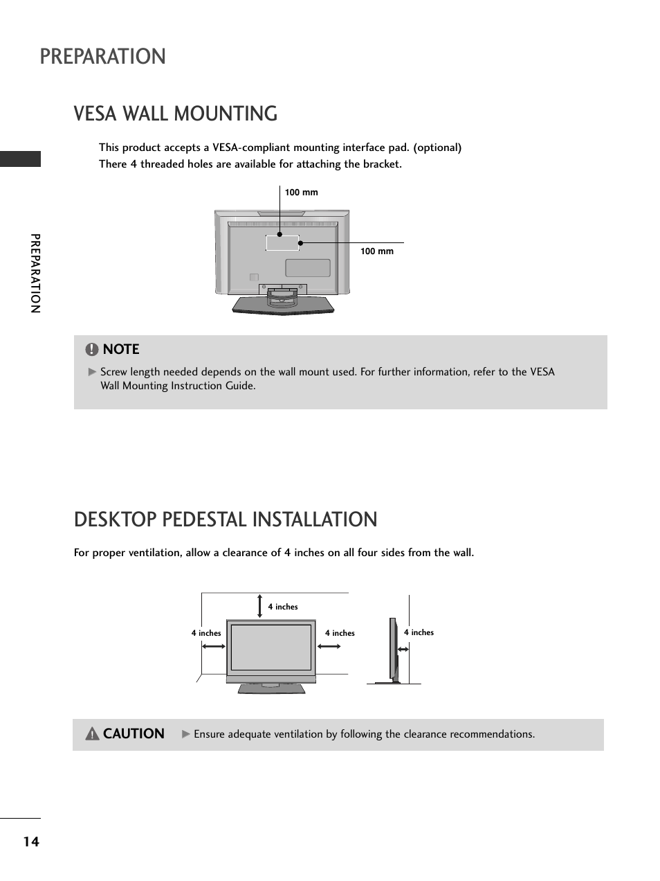 Vesa wall mounting, Desktop pedestal installation, Preparation | Caution | LG 20LS7D User Manual | Page 16 / 74