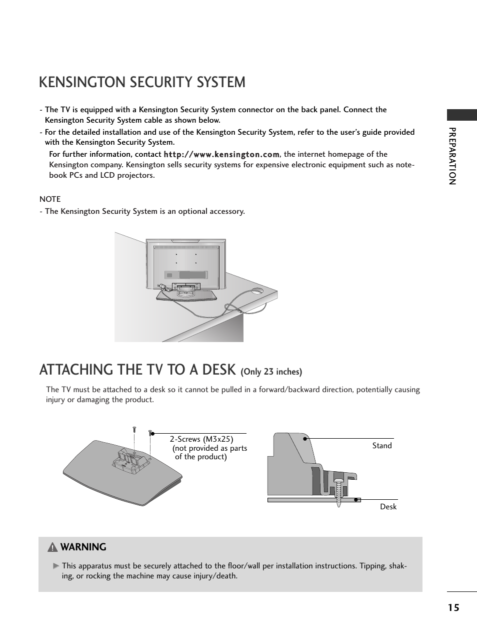 Kensington security system, Attaching the tv to a desk (only 23 inches), Warning | LG 20LS7D User Manual | Page 17 / 74
