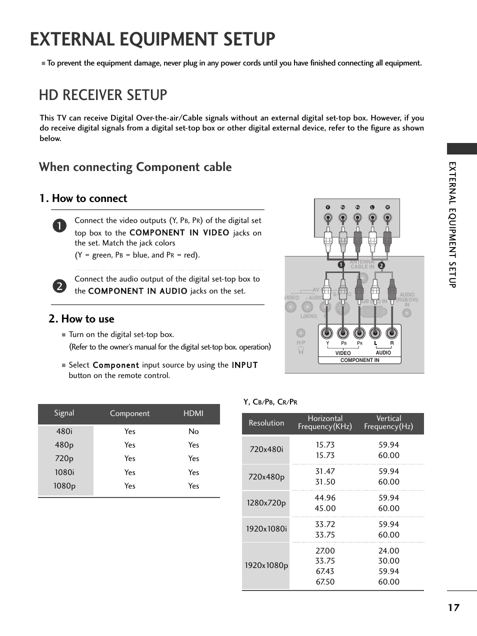 External equipment setup, Hd receiver setup, When connecting component cable | How to connect, How to use, External eq uipment setup | LG 20LS7D User Manual | Page 19 / 74