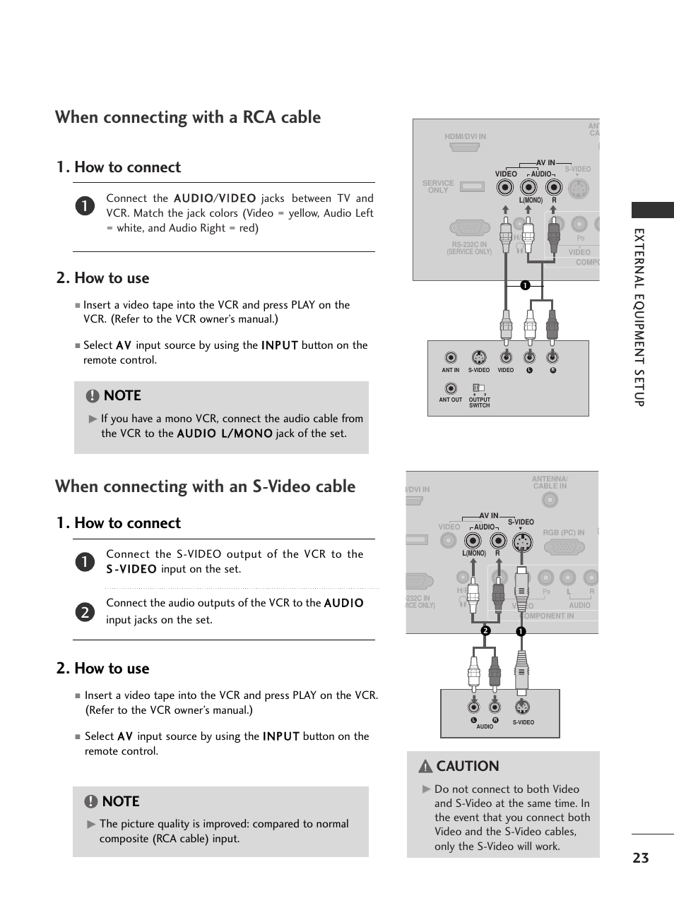 When connecting with a rca cable, When connecting with an s-video cable, How to connect 2. how to use | Caution, External eq uipment setup | LG 20LS7D User Manual | Page 25 / 74