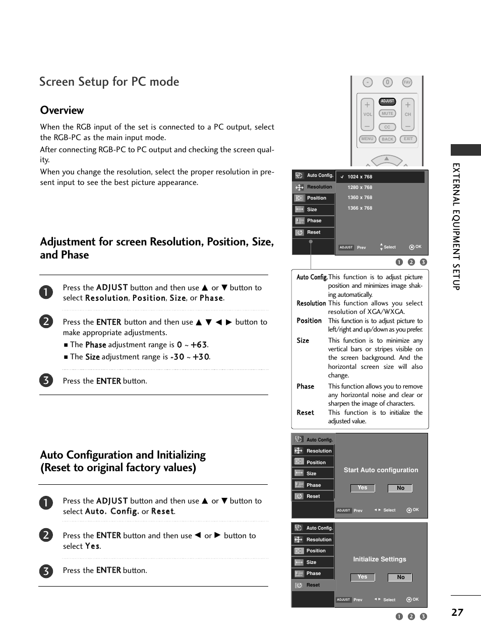 Screen setup for pc mode, Overview, External eq uipment setup | LG 20LS7D User Manual | Page 29 / 74