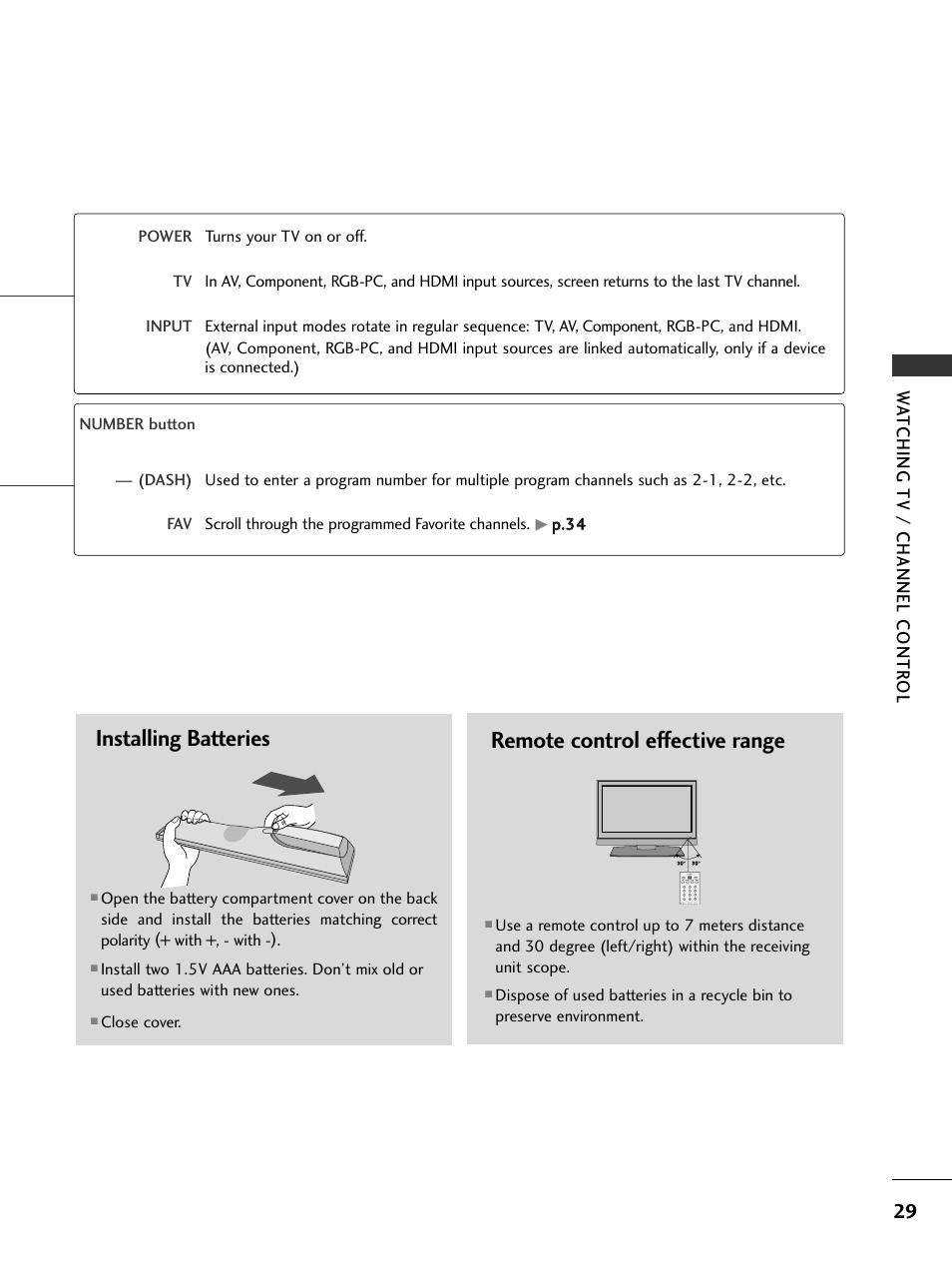 Installing batteries, Remote control effective range, Watching tv / channel contr ol | LG 20LS7D User Manual | Page 31 / 74