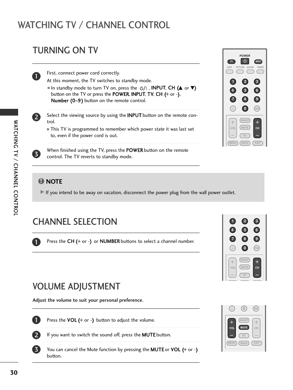Turning on tv, Channel selection, Volume adjustment | Watching tv / channel control, Volume adjustment channel selection, Watching tv / channel contr ol | LG 20LS7D User Manual | Page 32 / 74