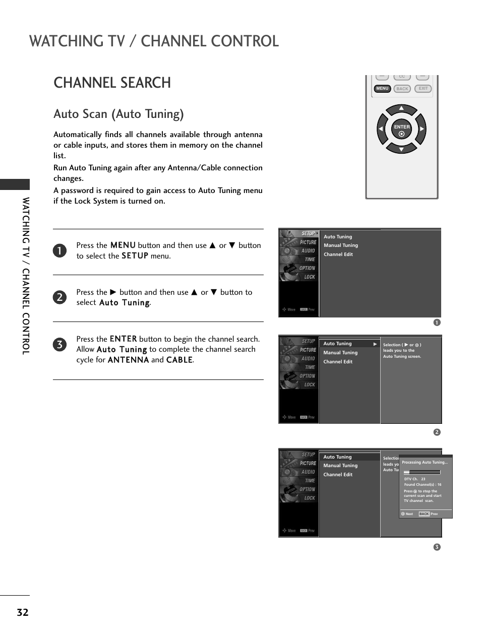 Channel search, Auto scan (auto tuning), Watching tv / channel control | Watching tv / channel contr ol | LG 20LS7D User Manual | Page 34 / 74