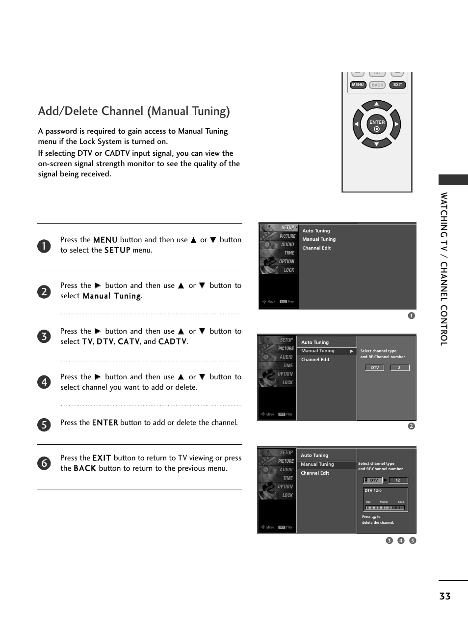 Add/delete channel (manual tuning), Watching tv / channel contr ol | LG 20LS7D User Manual | Page 35 / 74