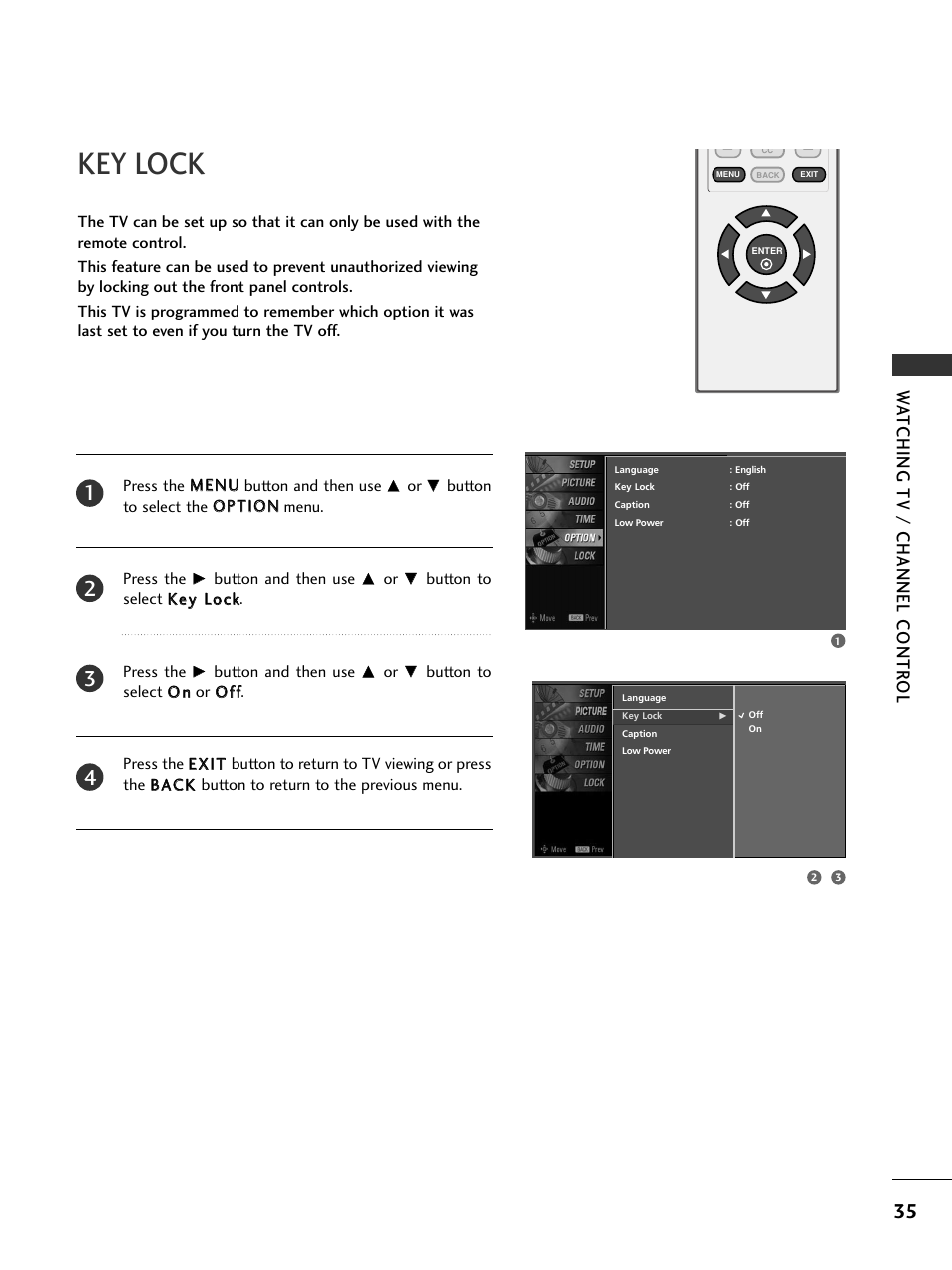 Key lock, Watching tv / channel contr ol | LG 20LS7D User Manual | Page 37 / 74