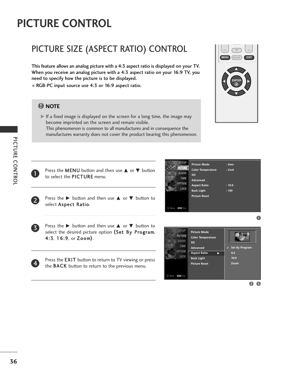 Picture control, Picture size (aspect ratio) control, Picture contr ol | LG 20LS7D User Manual | Page 38 / 74