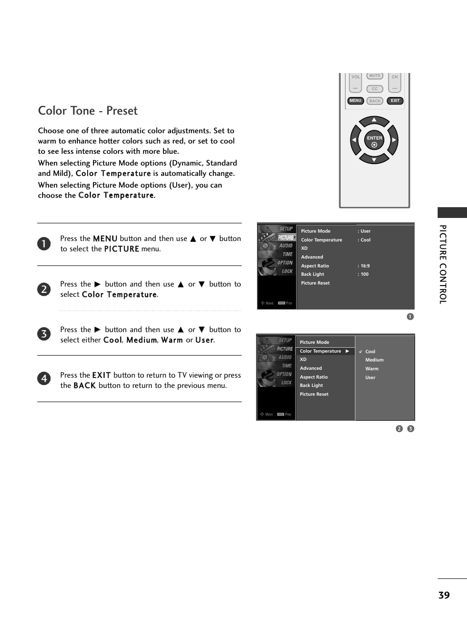 Color tone - preset, Picture contr ol | LG 20LS7D User Manual | Page 41 / 74