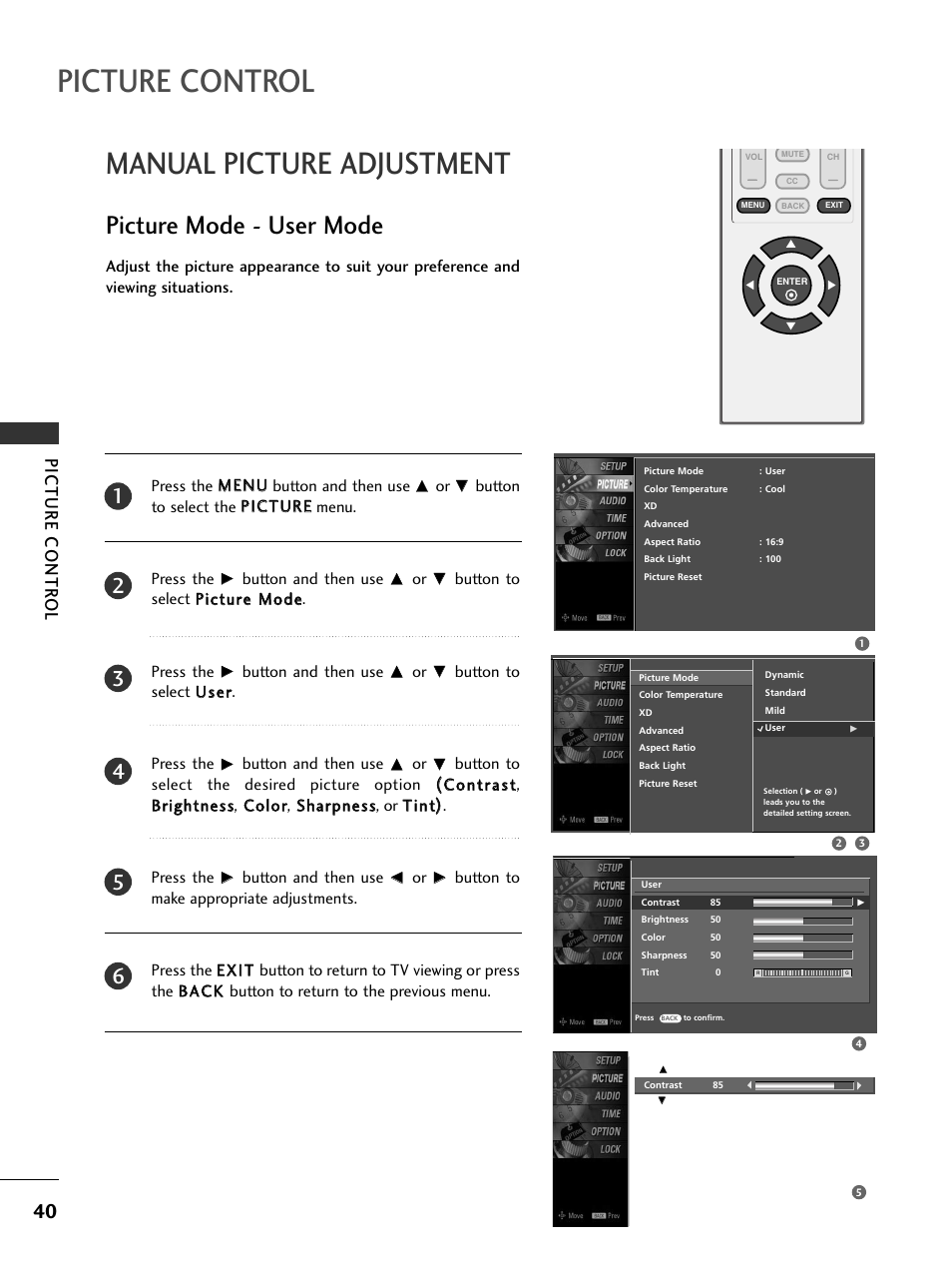 Manual picture adjustment, Picture mode - user mode, Picture control | Picture contr ol | LG 20LS7D User Manual | Page 42 / 74