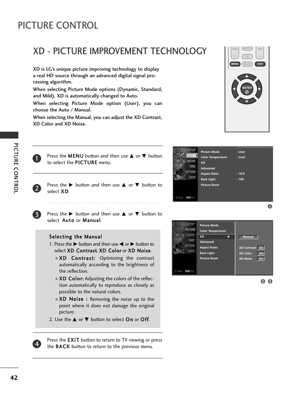Xd - picture improvement technology, Picture control, Picture contr ol | LG 20LS7D User Manual | Page 44 / 74