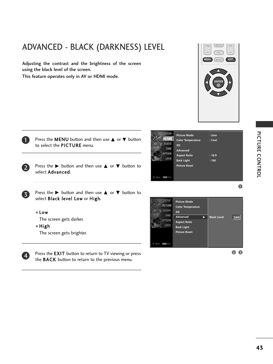 Advanced - black (darkness) level, Picture contr ol | LG 20LS7D User Manual | Page 45 / 74