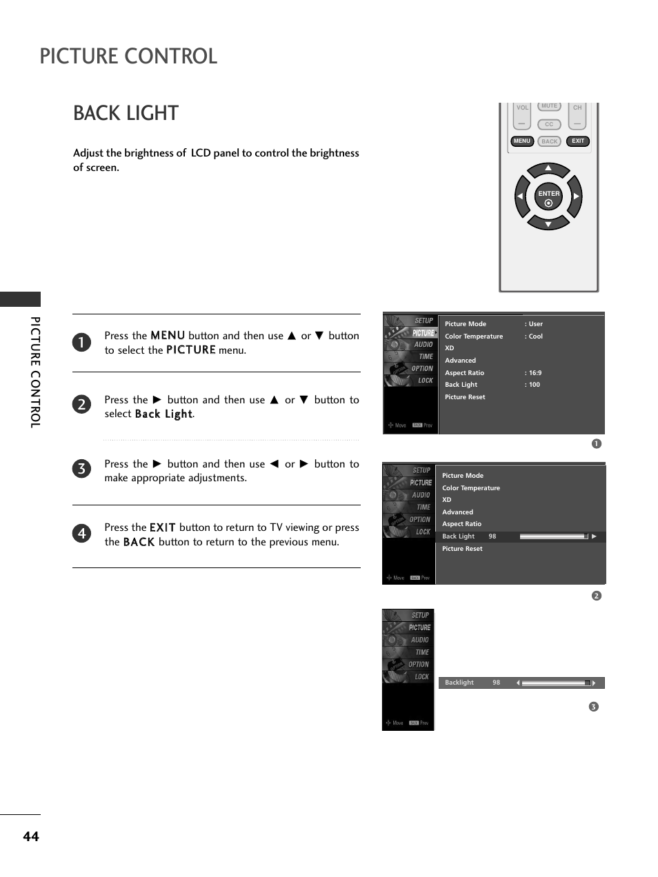 Back light, Picture control, Picture contr ol | LG 20LS7D User Manual | Page 46 / 74