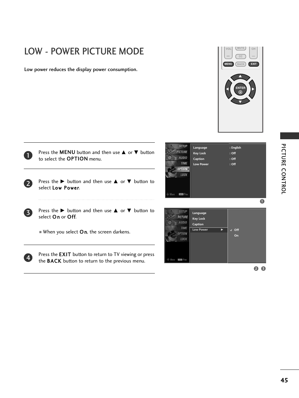 Low - power picture mode, Picture contr ol | LG 20LS7D User Manual | Page 47 / 74