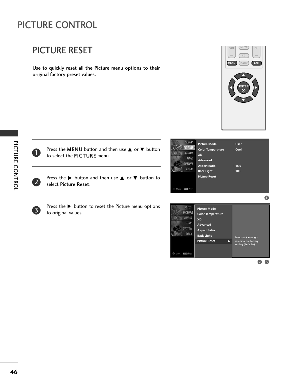 Picture reset, Picture control, Picture contr ol | LG 20LS7D User Manual | Page 48 / 74