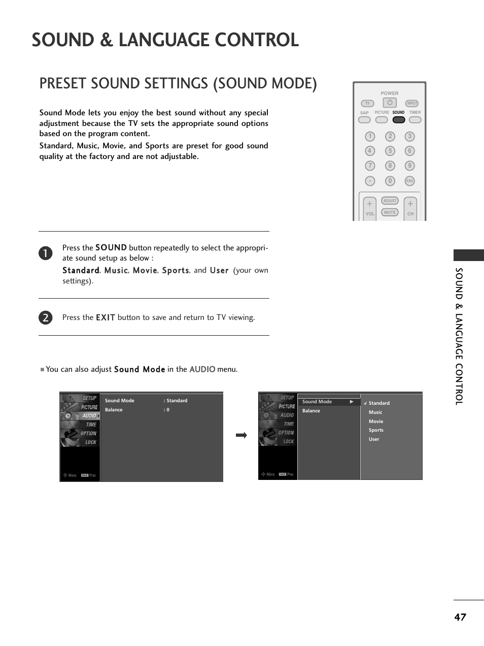 Sound & language control, Preset sound settings (sound mode), Sound & langu a ge contr ol | LG 20LS7D User Manual | Page 49 / 74