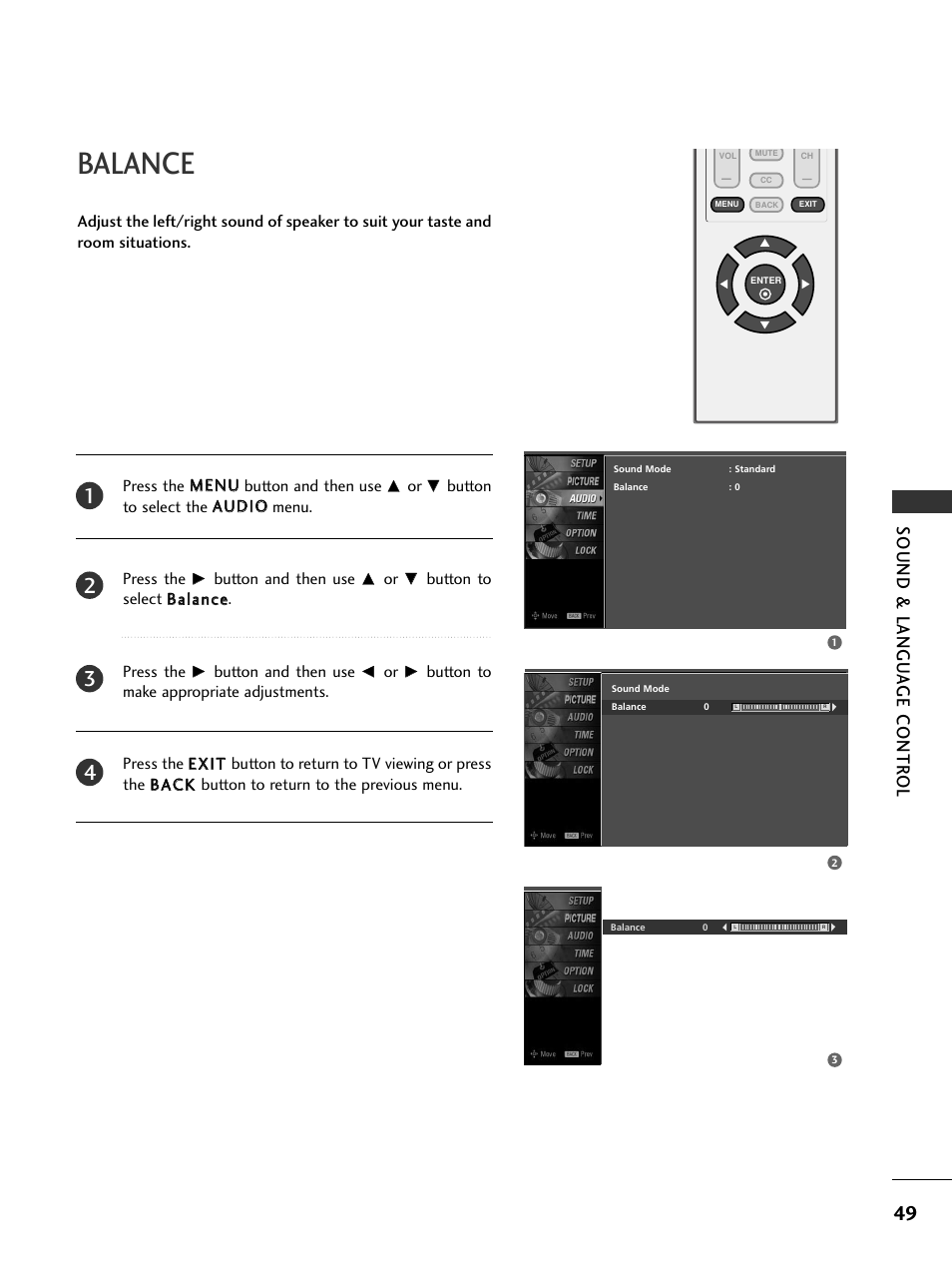 Balance, Sound & langu a ge contr ol | LG 20LS7D User Manual | Page 51 / 74
