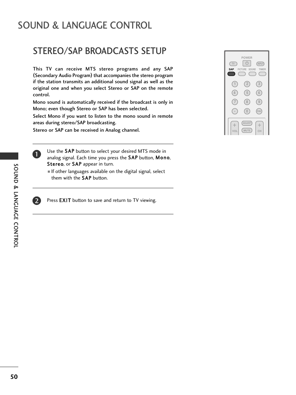 Stereo/sap broadcasts setup, Sound & language control, Sound & langu a ge contr ol | LG 20LS7D User Manual | Page 52 / 74