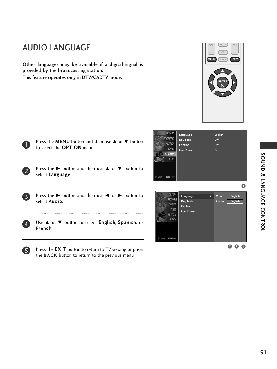 Audio language, Sound & langu a ge contr ol | LG 20LS7D User Manual | Page 53 / 74