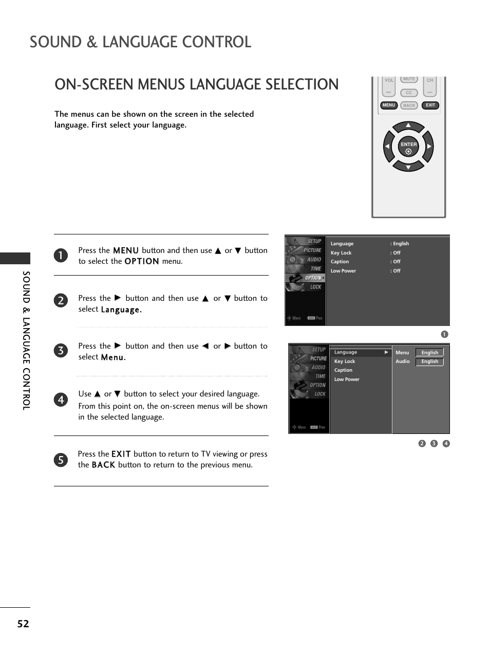 On-screen menus language selection, Sound & language control, Sound & langu a ge contr ol | LG 20LS7D User Manual | Page 54 / 74