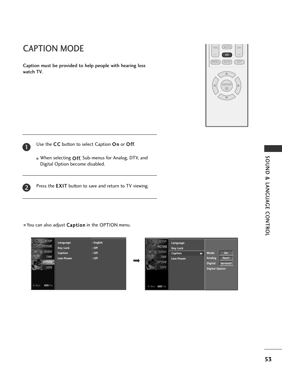 Caption mode, Sound & langu a ge contr ol | LG 20LS7D User Manual | Page 55 / 74