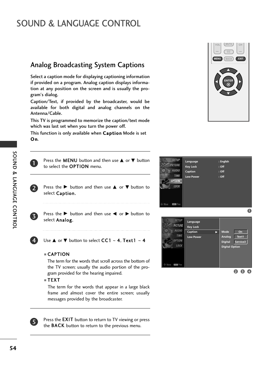 Analog broadcasting system captions, Sound & language control, Sound & langu a ge contr ol | LG 20LS7D User Manual | Page 56 / 74