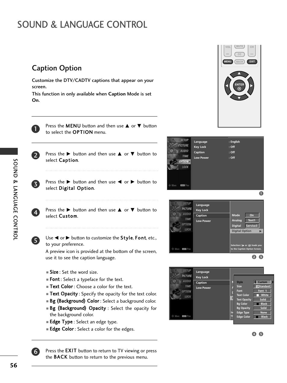 Caption option, Sound & language control, Sound & langu a ge contr ol | LG 20LS7D User Manual | Page 58 / 74