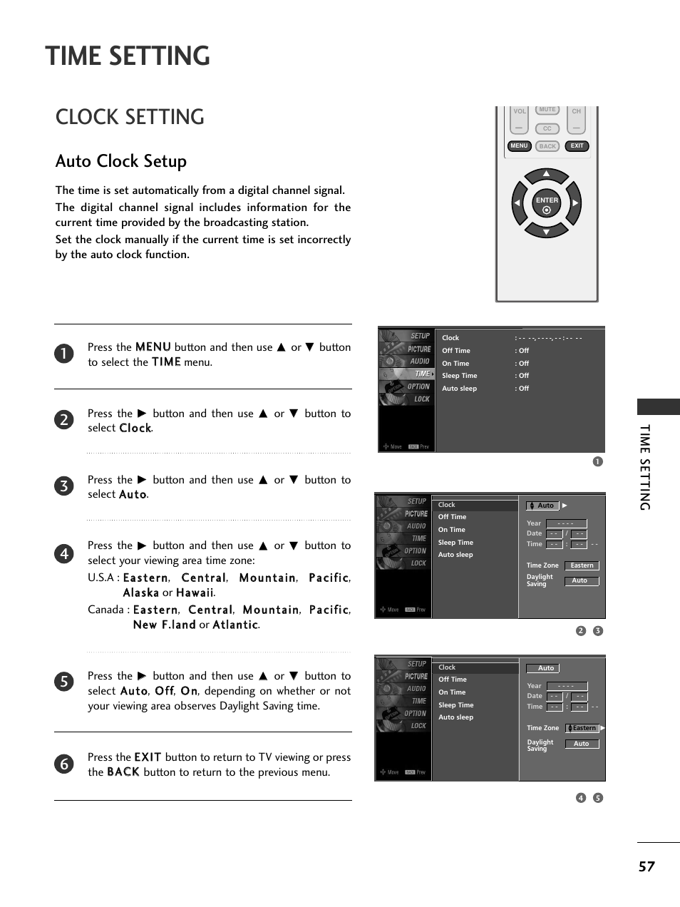 Time setting, Clock setting, Auto clock setup | LG 20LS7D User Manual | Page 59 / 74