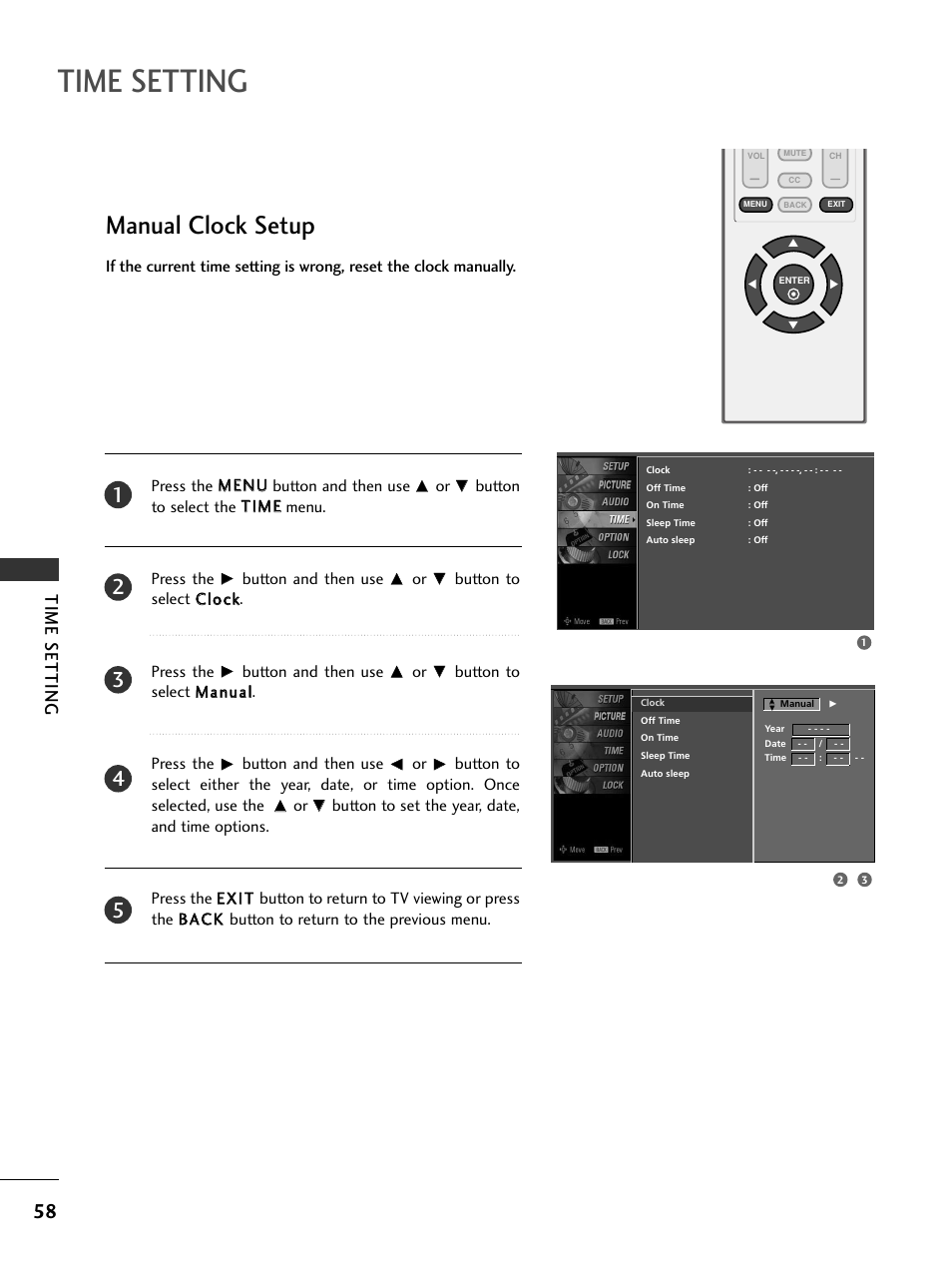 Manual clock setup, Time setting | LG 20LS7D User Manual | Page 60 / 74