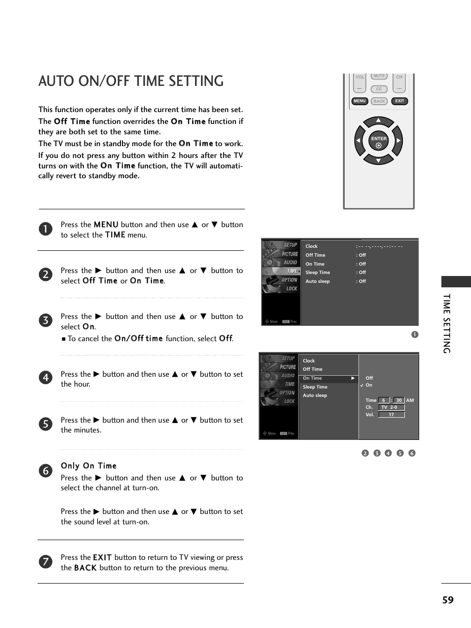 Auto on/off time setting, Time setting | LG 20LS7D User Manual | Page 61 / 74