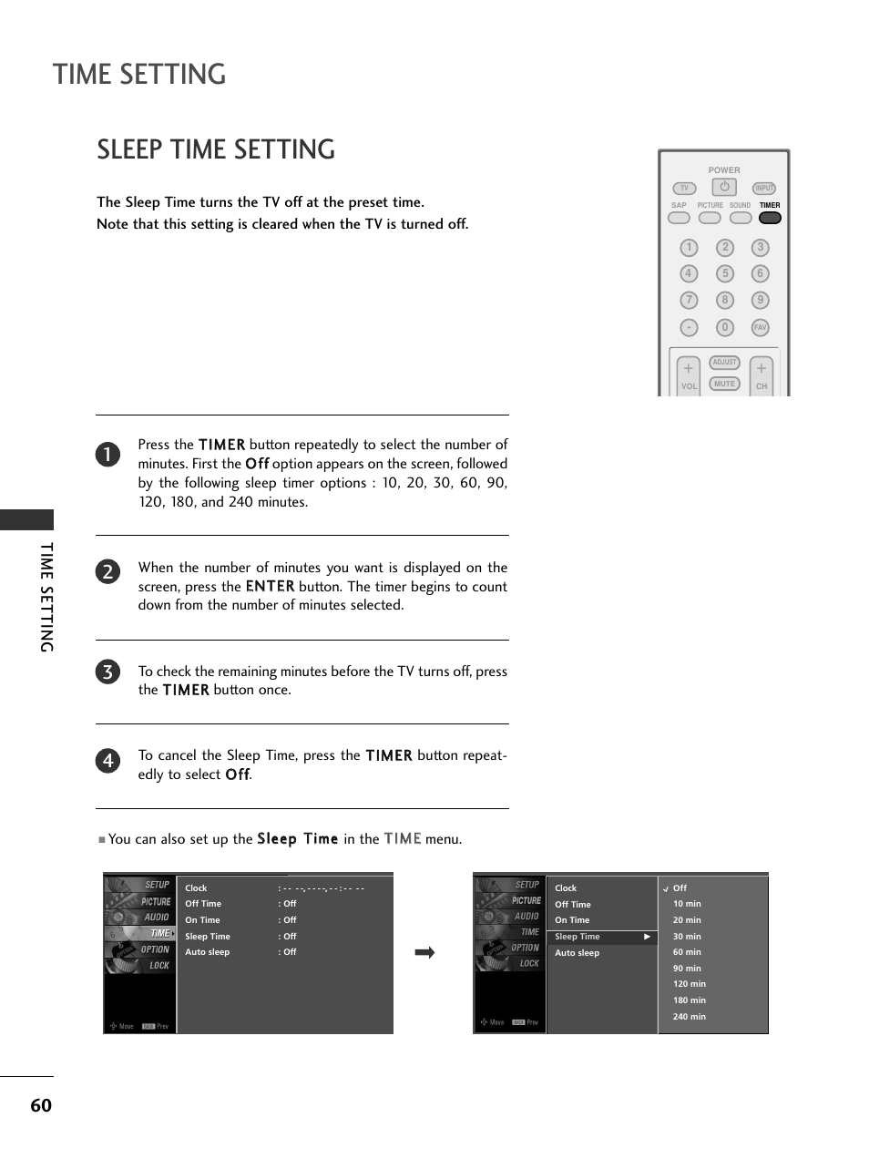 Sleep time setting, Time setting | LG 20LS7D User Manual | Page 62 / 74