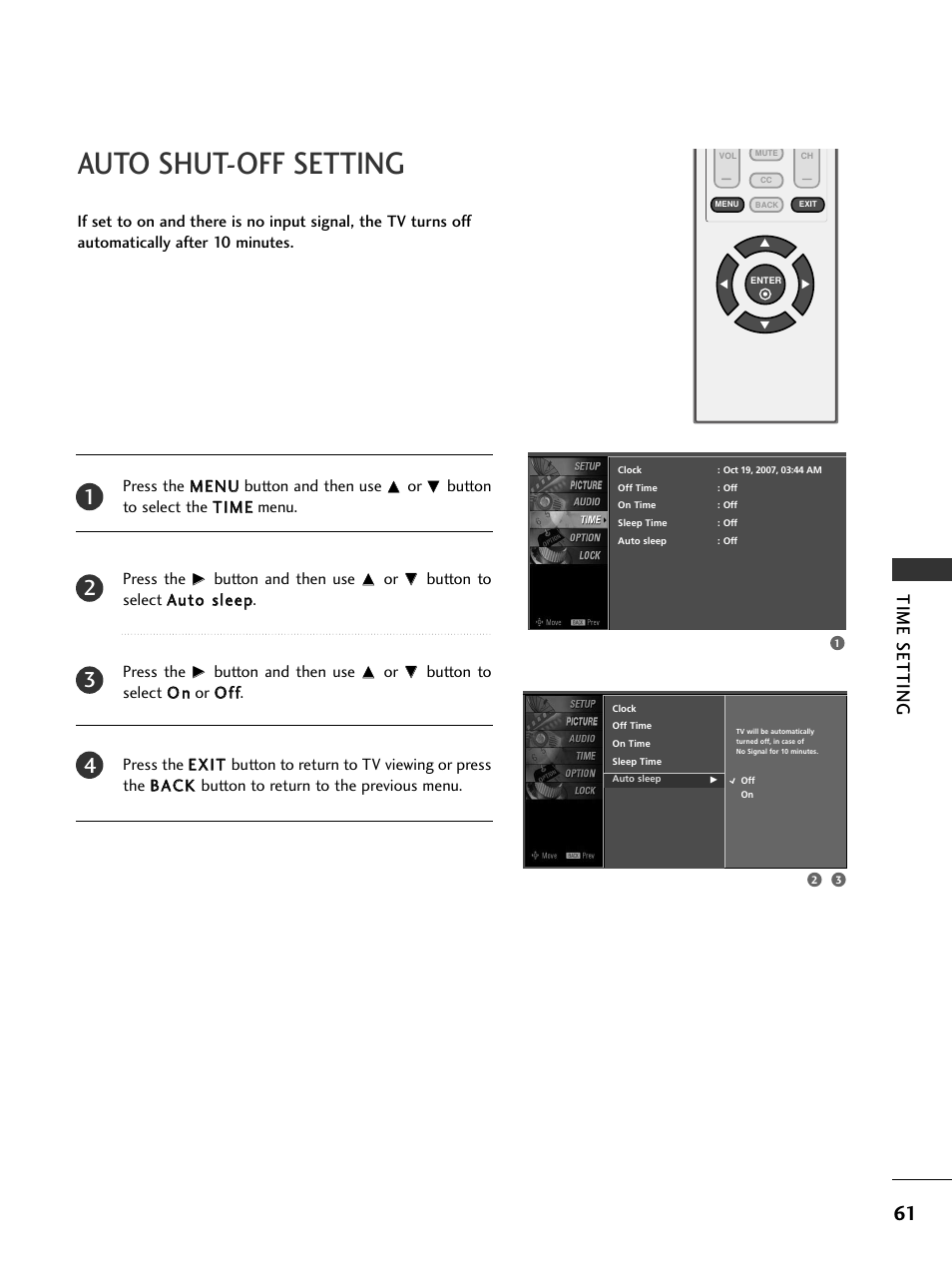 Auto shut-off setting, Time setting | LG 20LS7D User Manual | Page 63 / 74