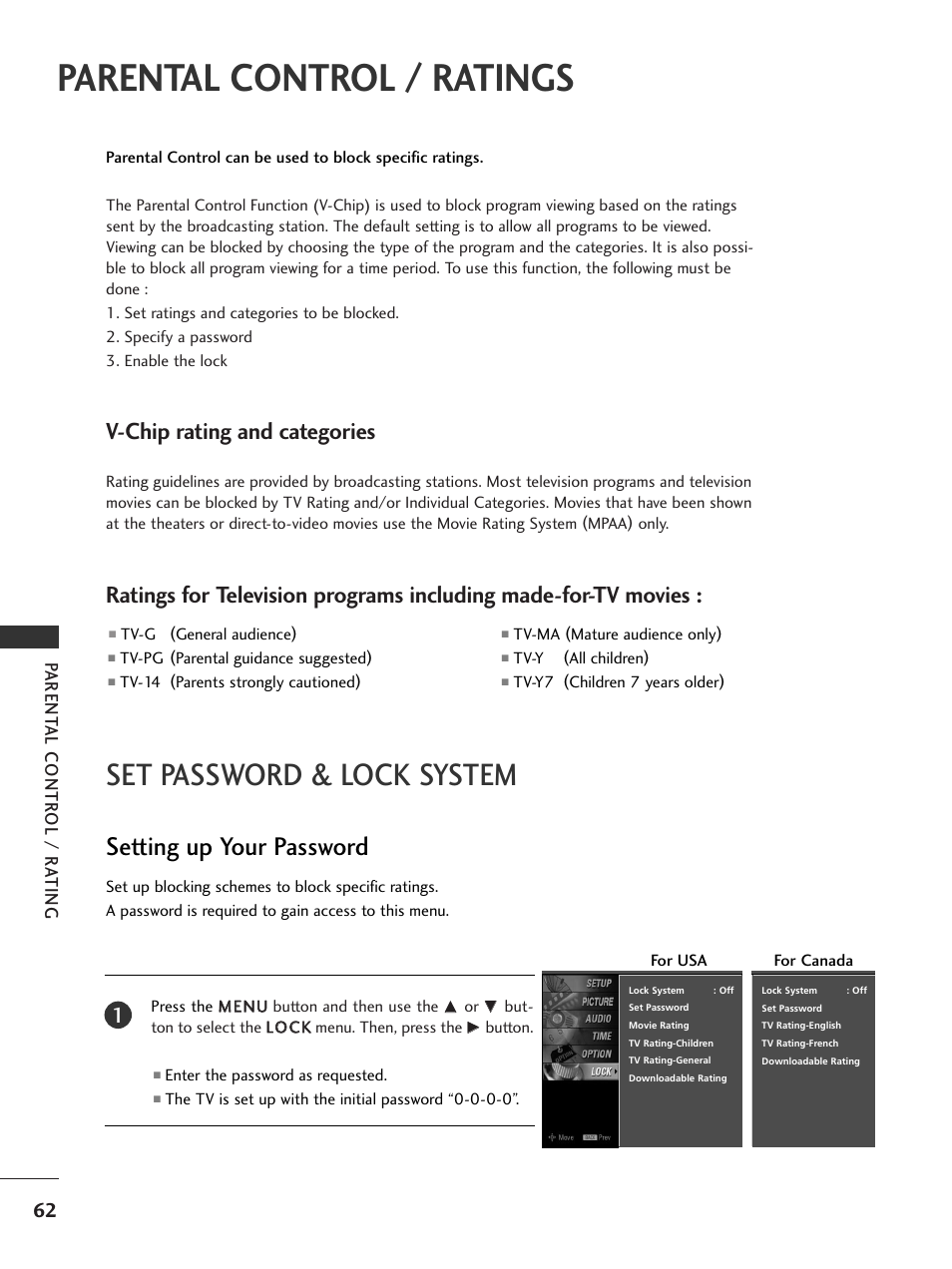 Parental control / ratings, Set password & lock system, Setting up your password | V-chip rating and categories, Parent al contr ol / r ating | LG 20LS7D User Manual | Page 64 / 74