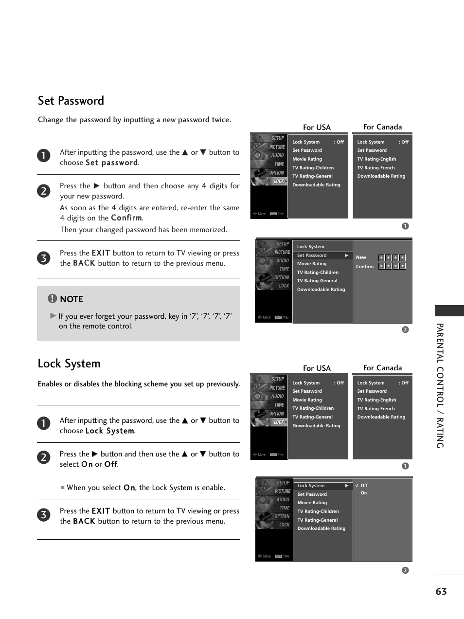 Set password, Lock system, Set password lock system | Parent al contr ol / r ating | LG 20LS7D User Manual | Page 65 / 74