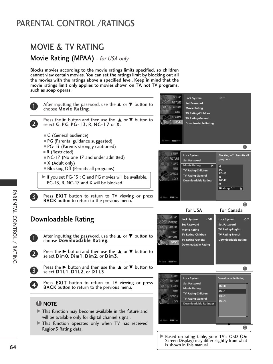Movie & tv rating, Movie rating (mpaa) - for usa only, Parental control /ratings | Movie rating (mpaa), Downloadable rating, For usa only, Parent al contr ol / r ating | LG 20LS7D User Manual | Page 66 / 74