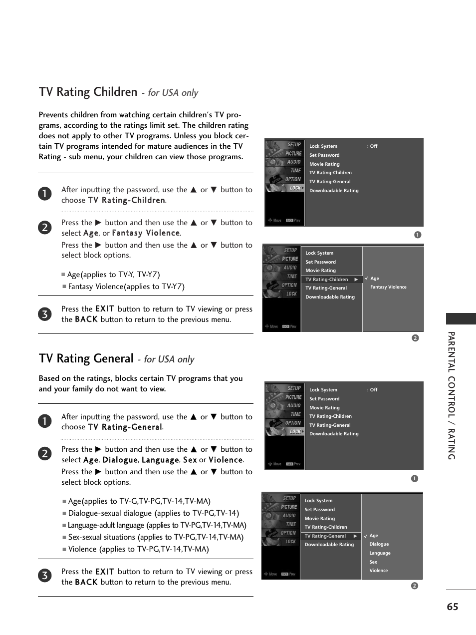 Tv rating children - for usa only, Tv rating general - for usa only, Tv rating children | Tv rating general, For usa only, Parent al contr ol / r ating | LG 20LS7D User Manual | Page 67 / 74