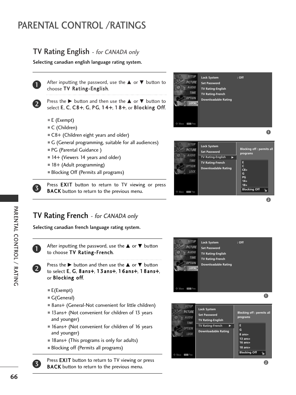 Tv rating english - for canada only, Tv rating french - for canada only, Parental control /ratings | Tv rating english, Tv rating french, For canada only, Parent al contr ol / r ating | LG 20LS7D User Manual | Page 68 / 74
