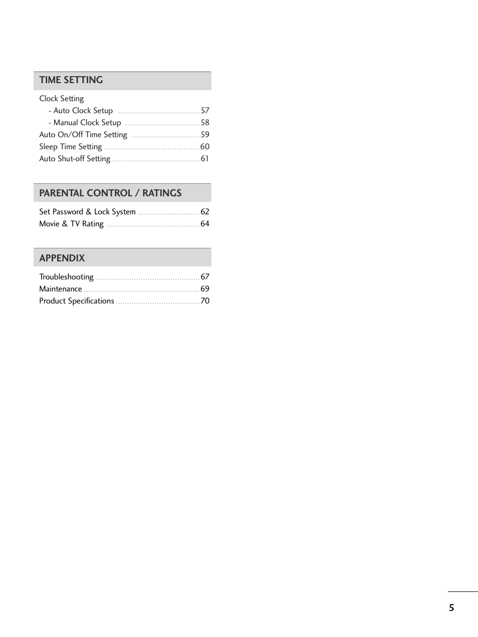 5time setting, Parental control / ratings, Appendix | LG 20LS7D User Manual | Page 7 / 74