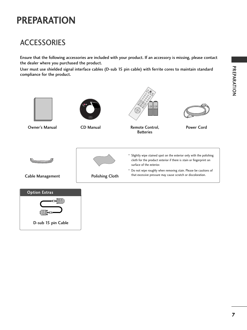 Preparation, Accessories, Prep ar at ion | Owner’s manual cd manual, Remote control, batteries power cord, Cable management, Polishing cloth, 5v 1.5v | LG 20LS7D User Manual | Page 9 / 74