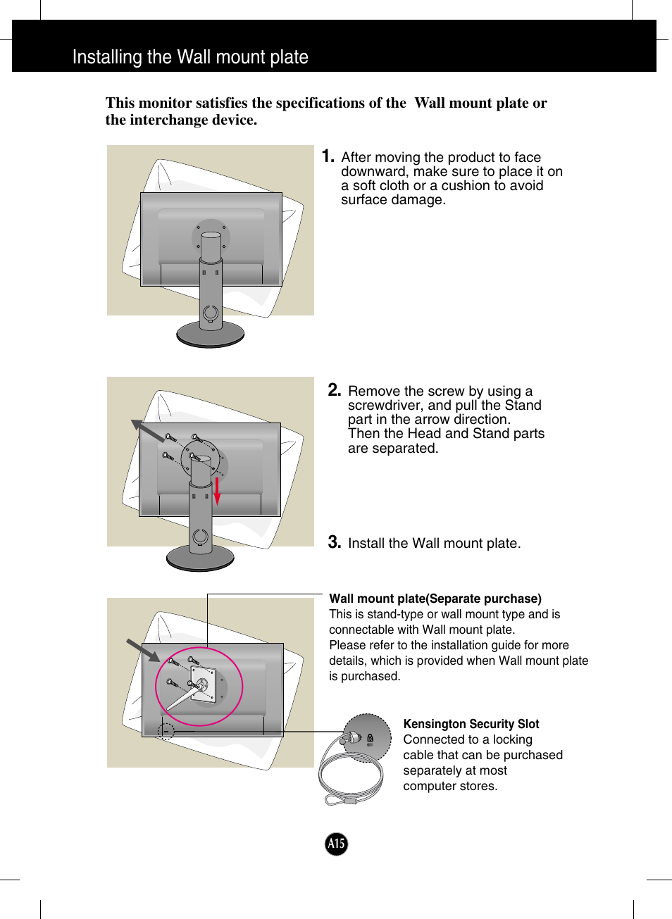 Installing the wall mount plate | LG W3000H User Manual | Page 16 / 17