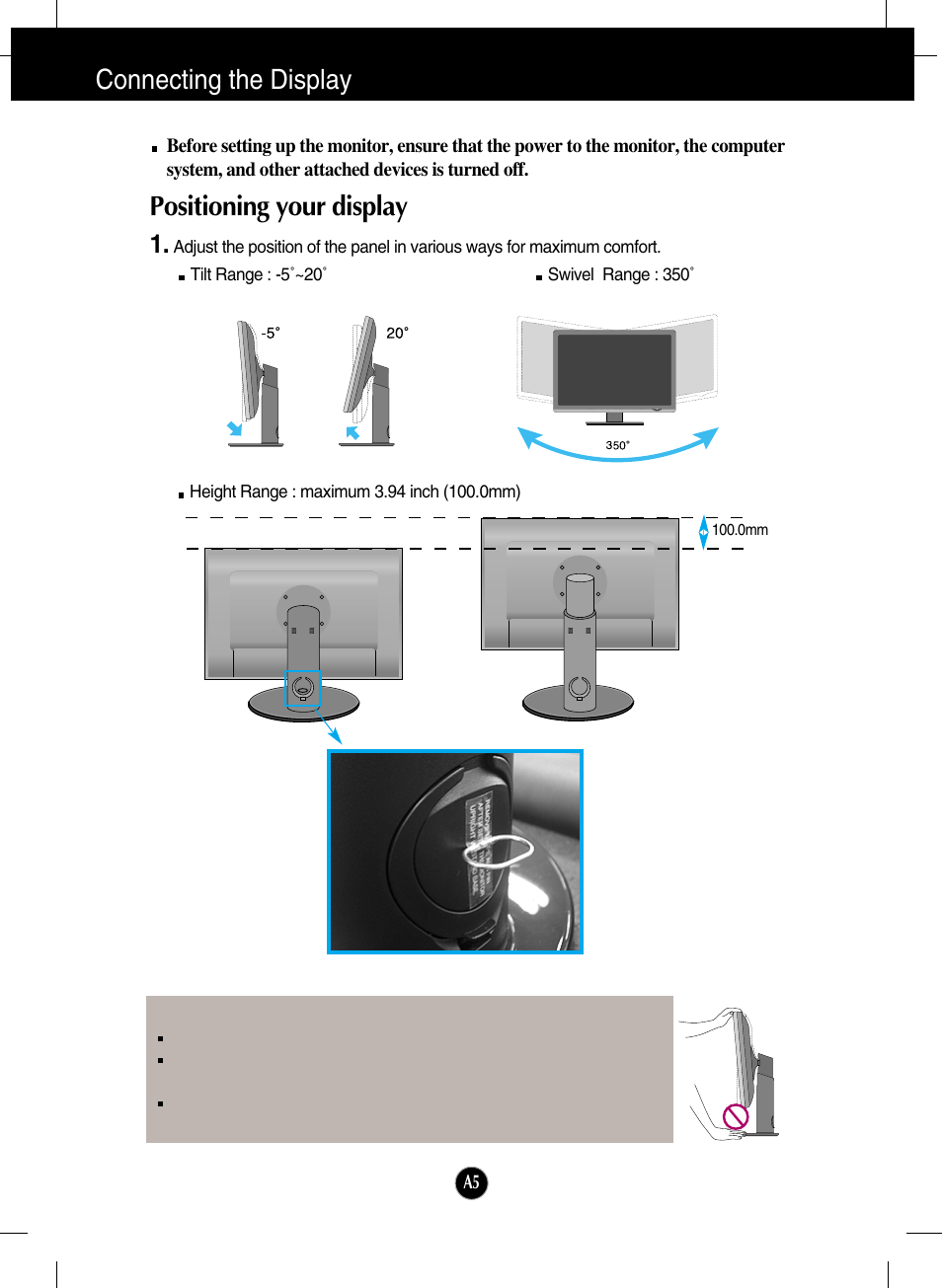 Positioning your display, Connecting the display | LG W3000H User Manual | Page 6 / 17
