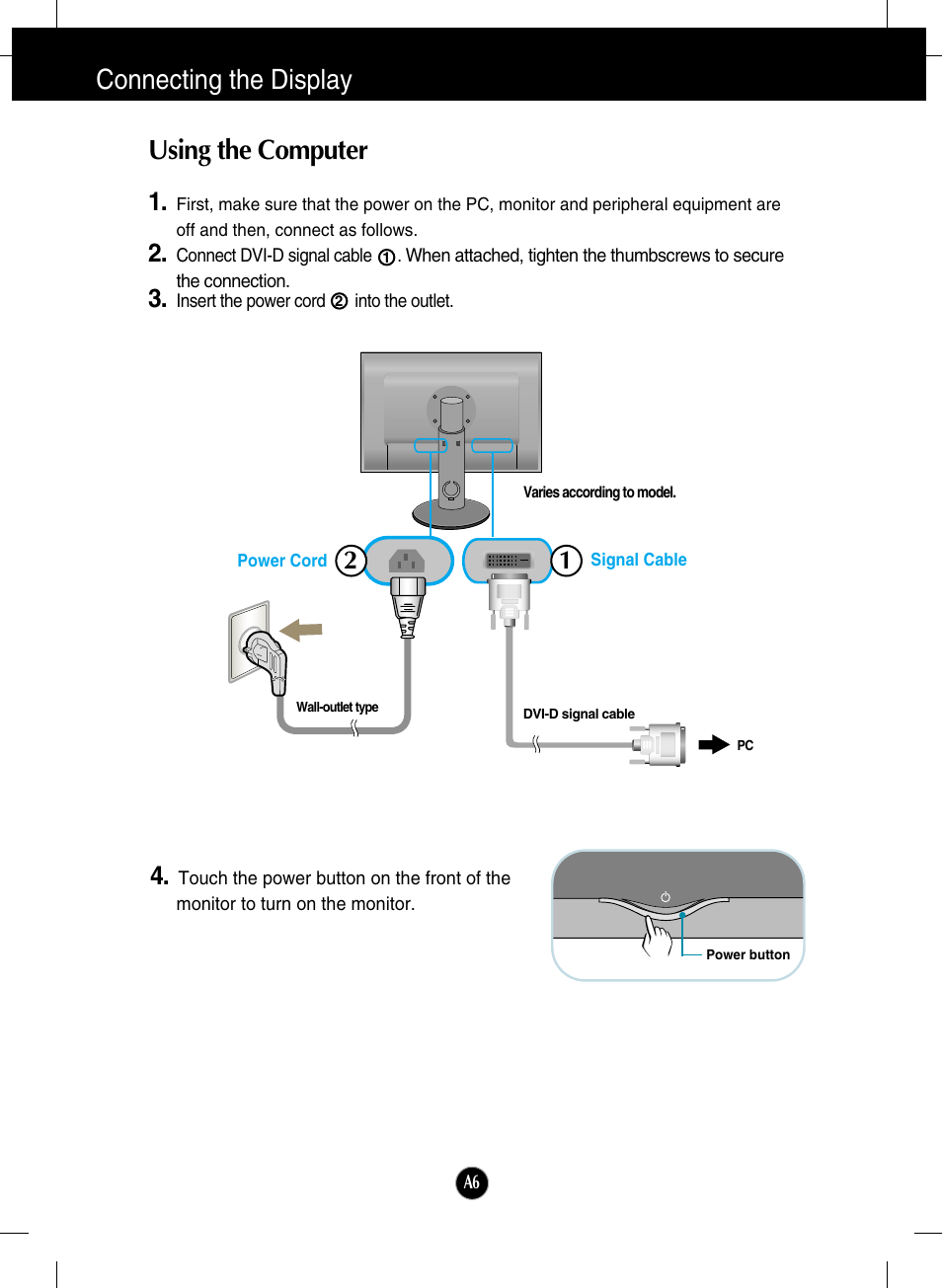 Using the computer, Connecting the display using the computer | LG W3000H User Manual | Page 7 / 17