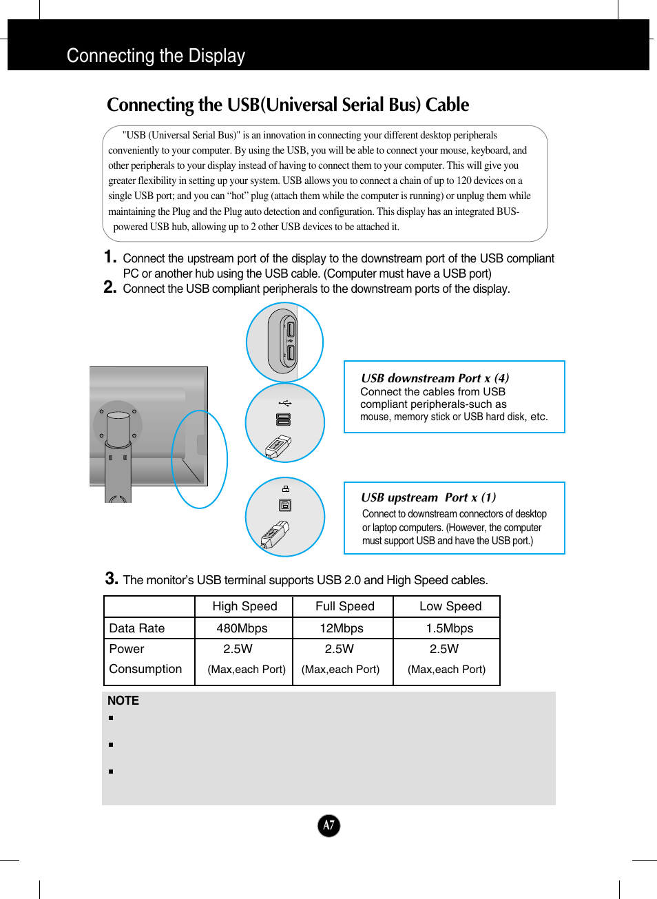 Connecting the usb(universal serial bus) cable, Connecting the display | LG W3000H User Manual | Page 8 / 17